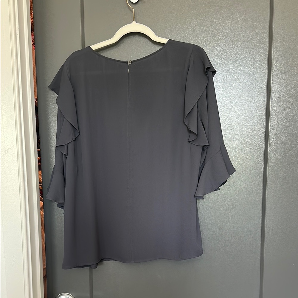 LOFT Grey Flutter Sleeve Blouse with Ruffled 3/4 Sleeves - Picture 2 of 3